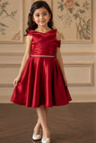 Red Satin Frock Embellished With Stone Waist Band For Girls