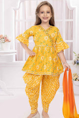 Yellow Printed And Embroidered Top With Dhoti Bottom Set For Girls