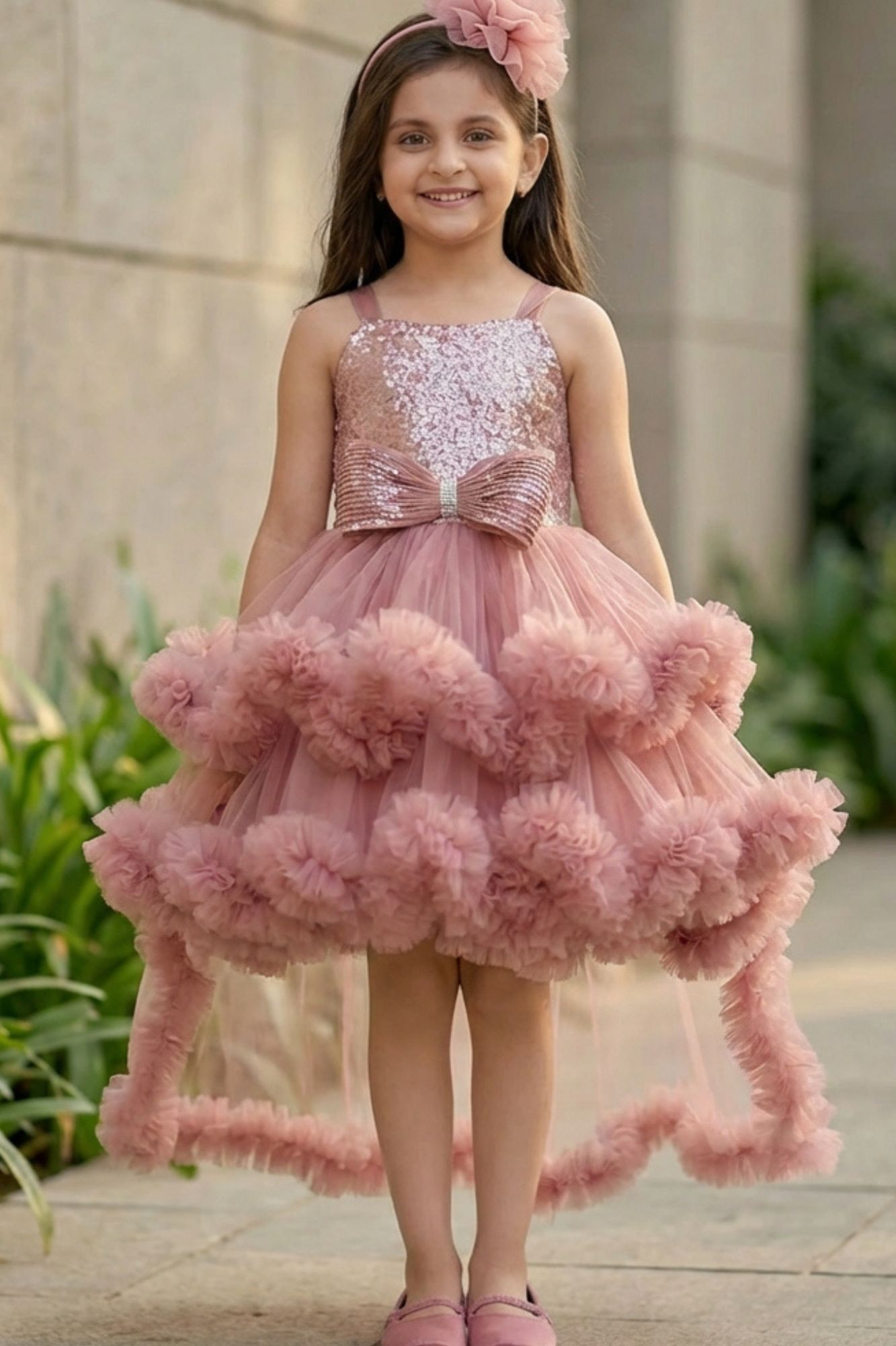 Dusty Pink High-Low Party Wear Frock With Floral Embellishment For Girls