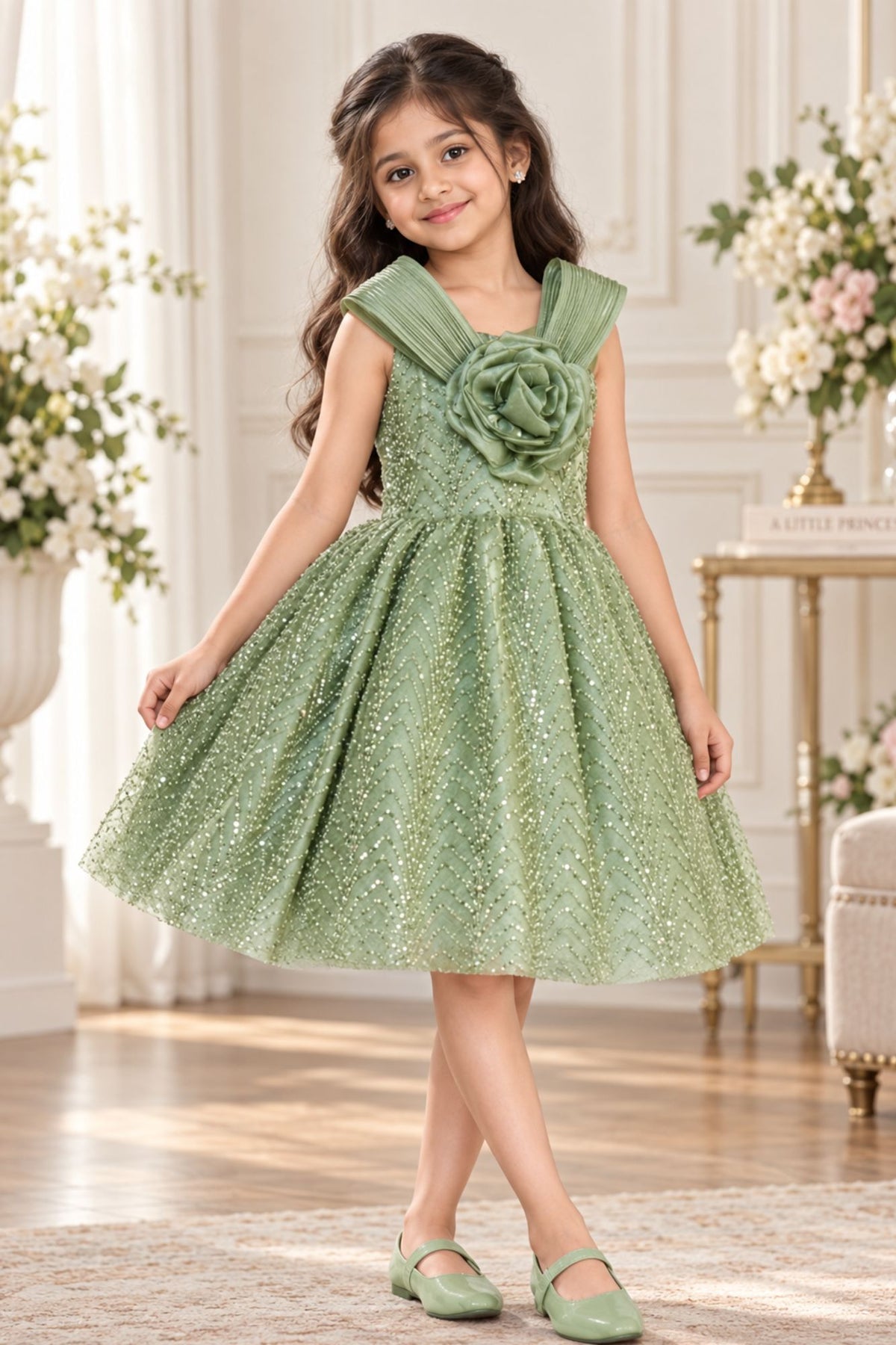 Girls Sage Green Party Wear Frock with 3D Floral Bow And Sequin Detailing