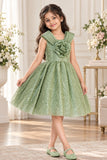 Girls Sage Green Party Wear Frock with 3D Floral Bow And Sequin Detailing
