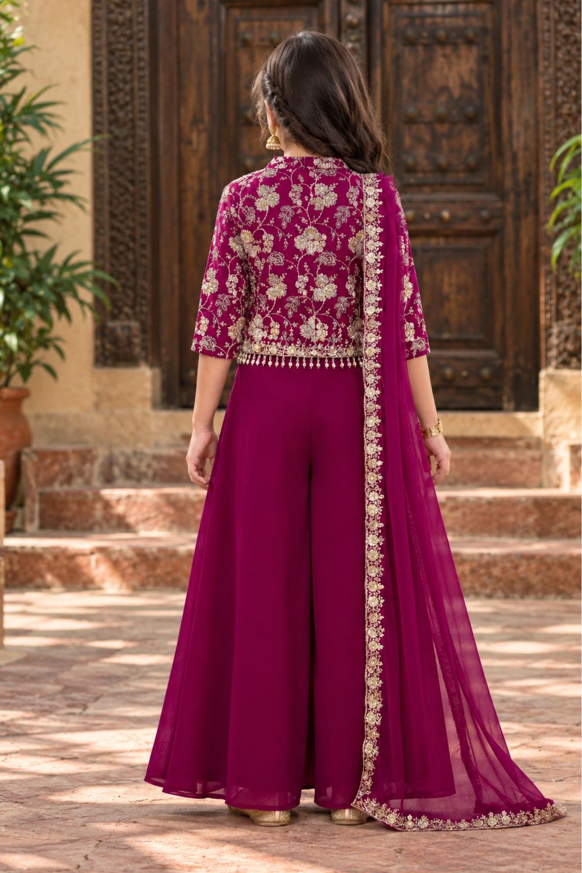 Wine Purple Palazzo Set with Embroidered Jacket For Girls