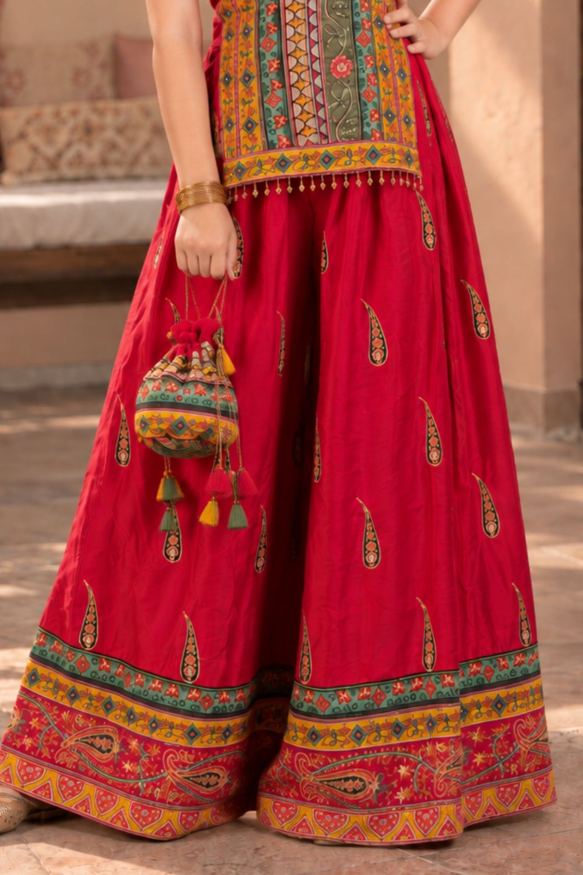 Red Multicolour Printed Palazzo Set for Girls