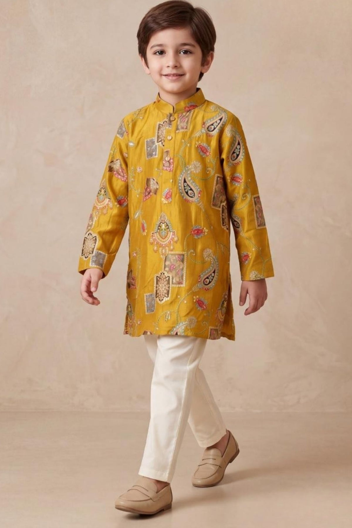 Boys Elegant Mustard Paisley Kurta Set