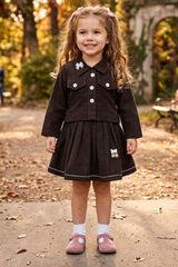 Girls Brown Stylish Bow-Detail Top and Pleated Skirt Set