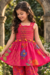 Girls Pink Floral Printed Smocked Dhoti Set with Dupatta