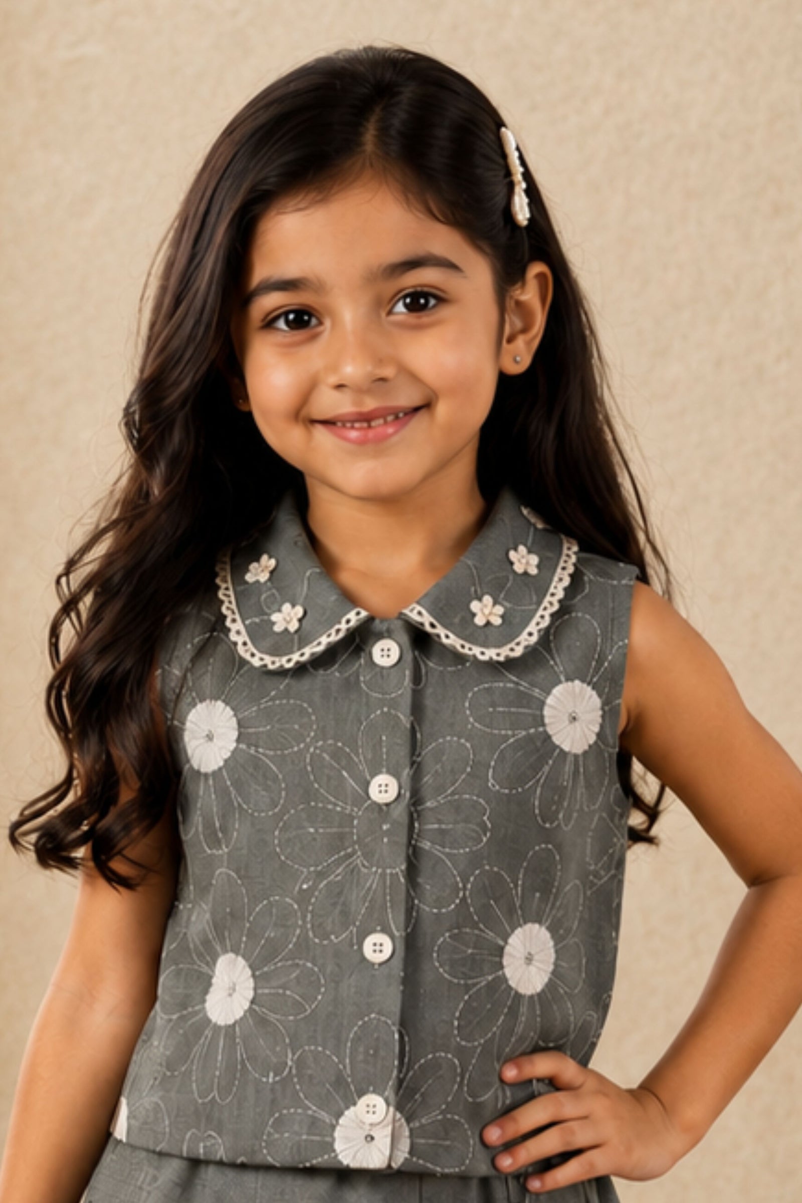 Girls Grey Floral Print Pleated Skirt Set with Peter Pan Collar Top And Tassel Charm