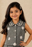 Girls Grey Floral Print Pleated Skirt Set with Peter Pan Collar Top And Tassel Charm