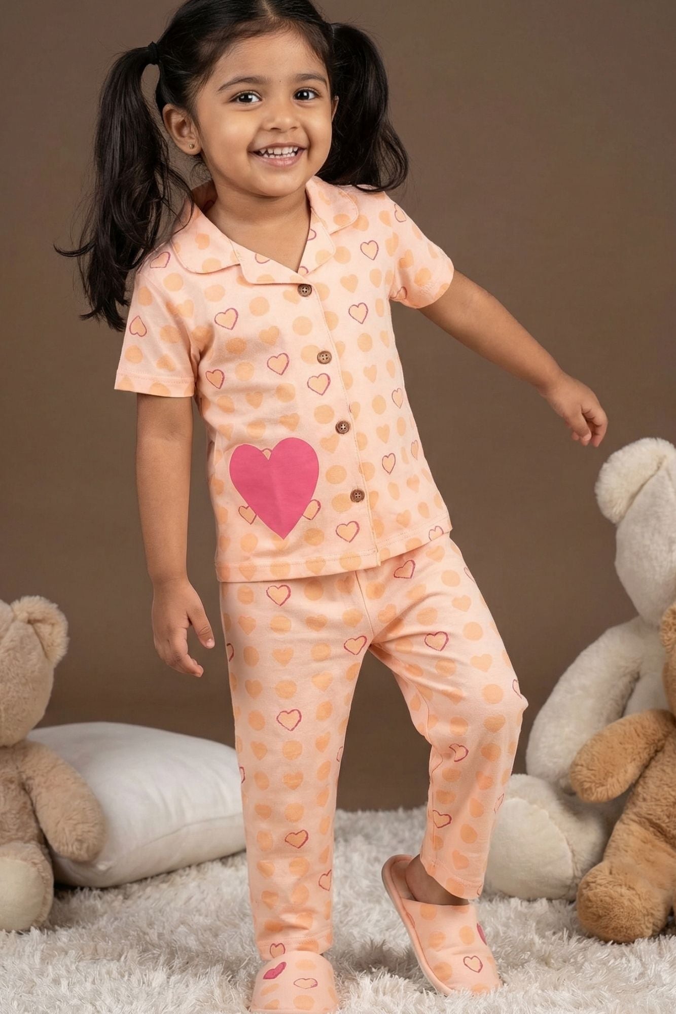 Peach Heart Print Night Suit Set For Girls