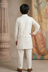 Boys White Kurta Set with Elephant Embroidered Nehru Jacket
