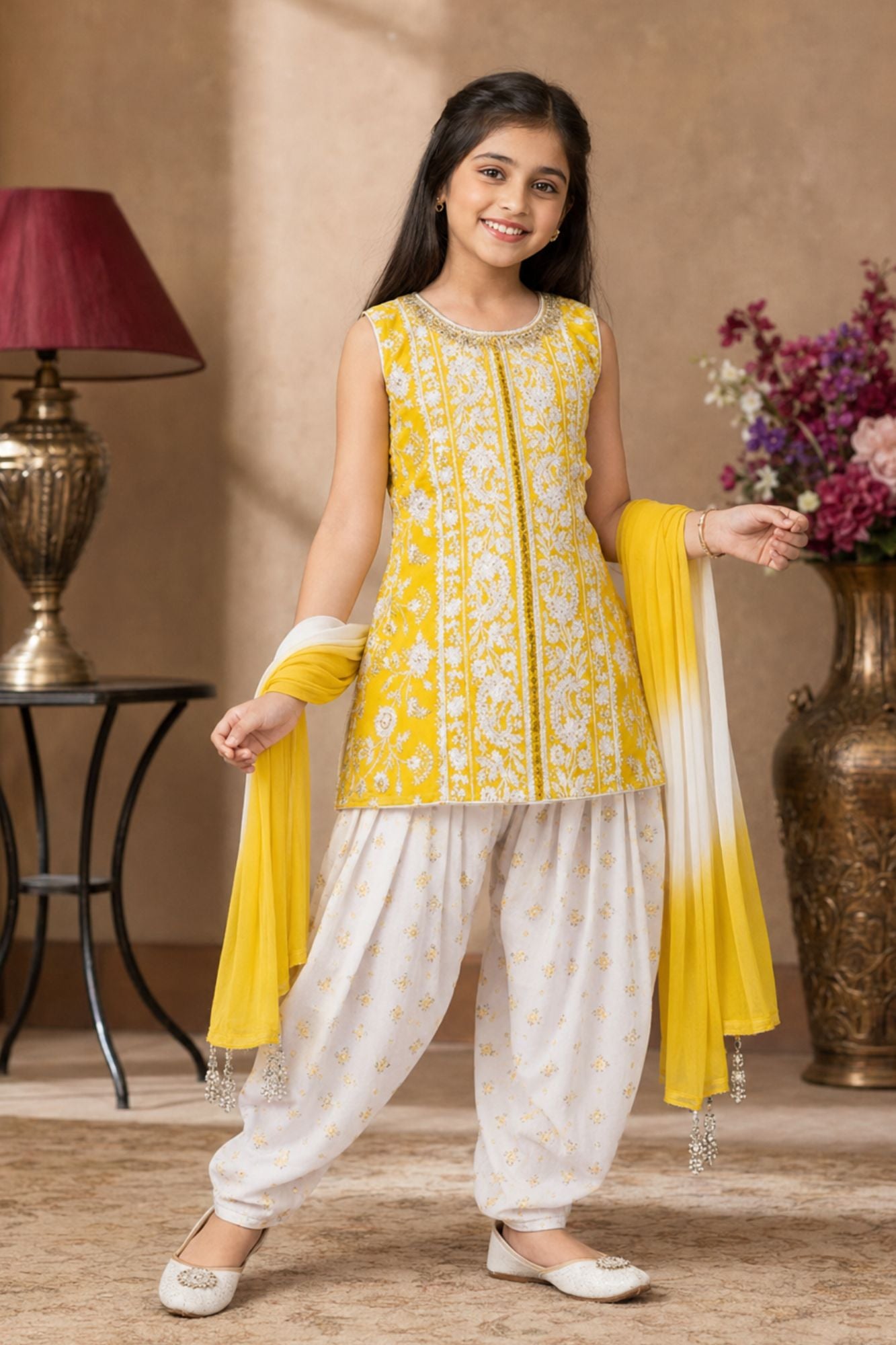 Yellow Embroidered Patiala Suit Set With Dupatta For Girls