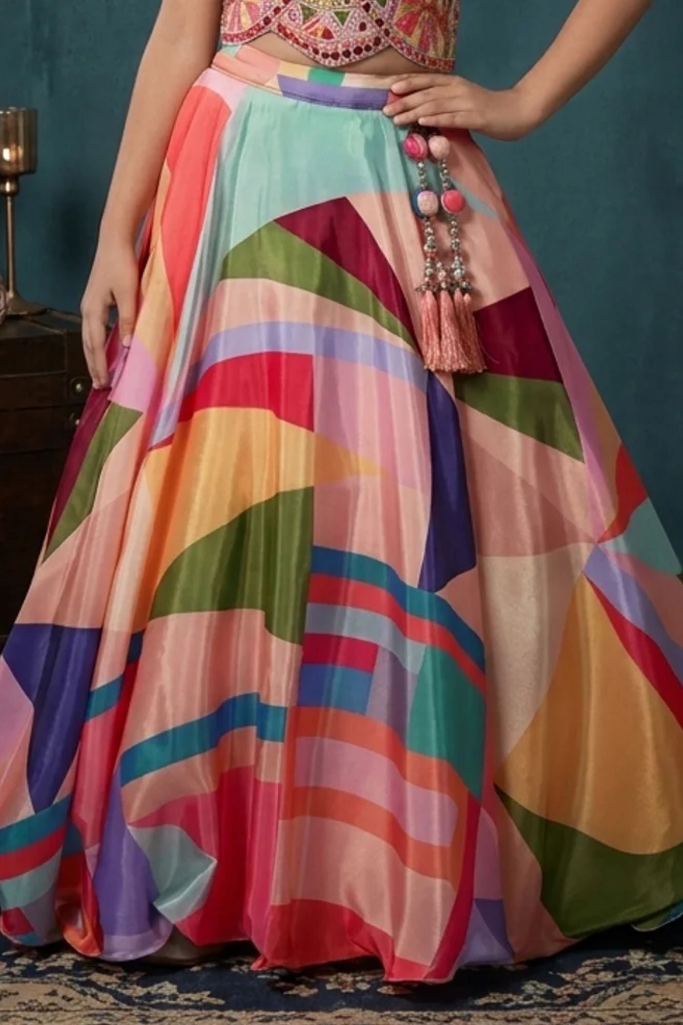Multicolor Mirrorwork Crop Top & Printed Flared Lehenga Set for Girls