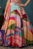 Multicolor Mirrorwork Crop Top & Printed Flared Lehenga Set for Girls