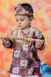 Ivory Krishna Janmashtami Dhoti Set with Purple Batik Print Kurta for Boys