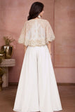 Girls Cream  Sequin Embroidered Cape Top With Flared Palazzo Set