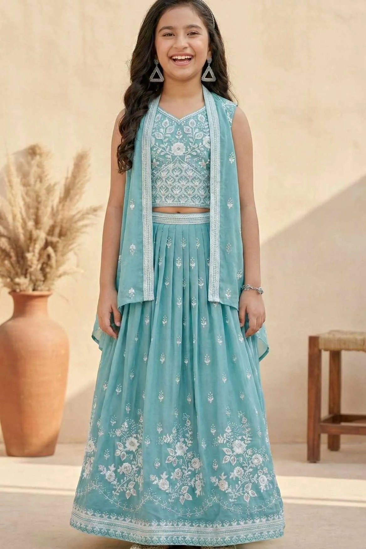 Firozi Embroidered Lehenga Choli with Layered Jacket For Girls