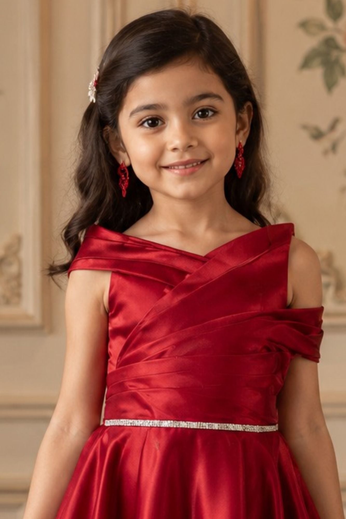 Red Satin Frock Embellished With Stone Waist Band For Girls