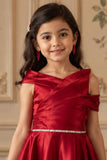 Red Satin Frock Embellished With Stone Waist Band For Girls