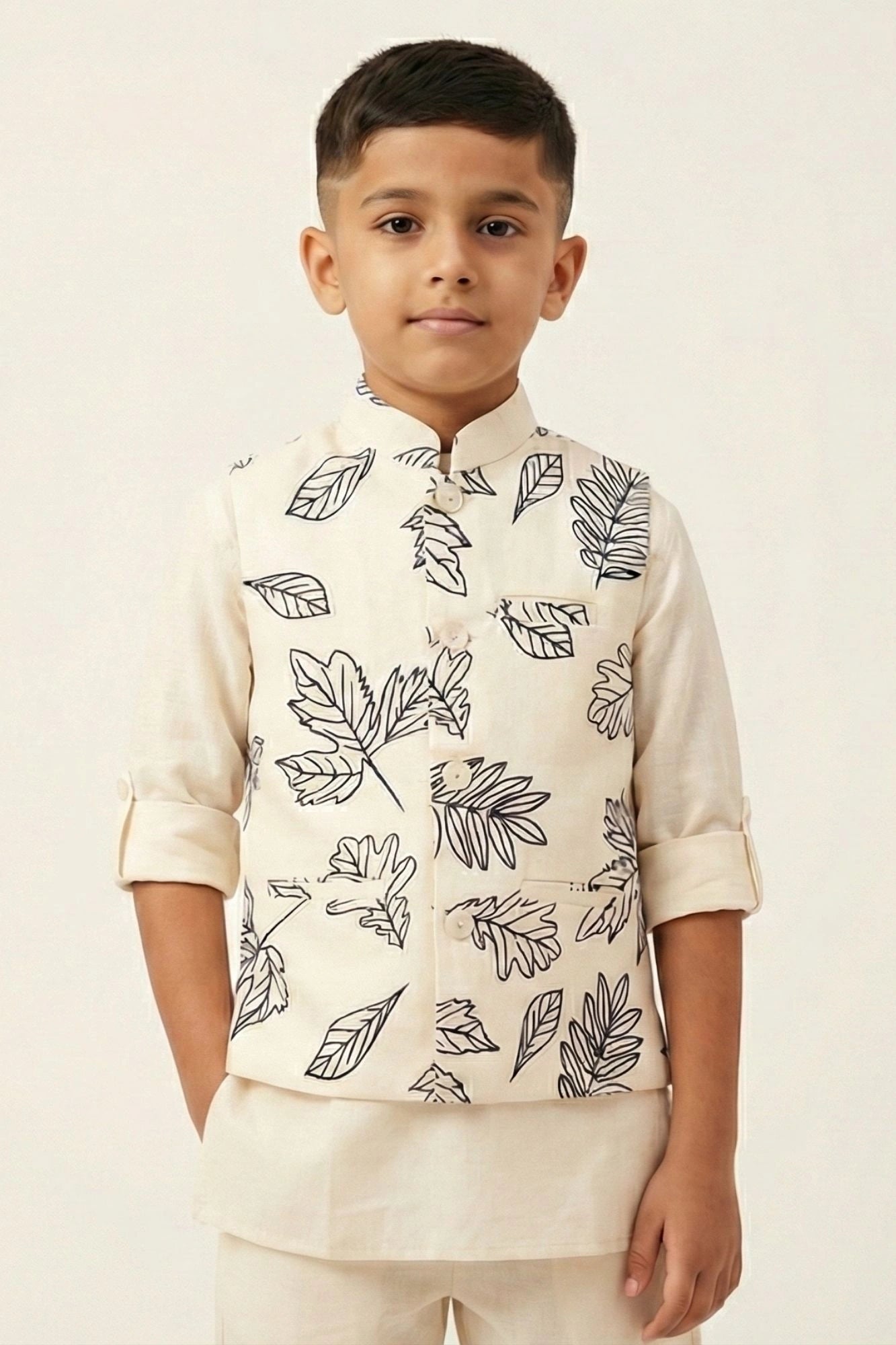 Cream Leaf Print Waistcoat with Mandarin Collar and Shirt For Boys