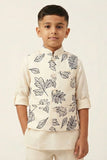 Cream Leaf Print Waistcoat with Mandarin Collar and Shirt For Boys