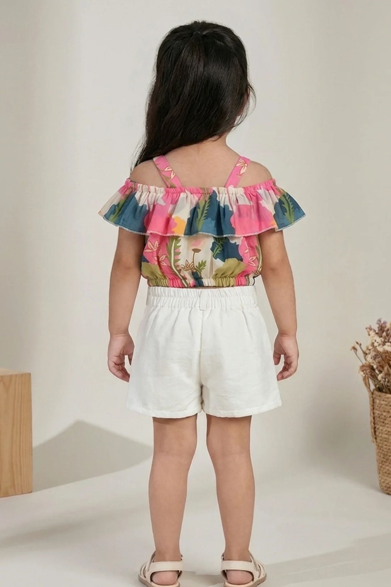 Girls Multicolor Floral Off-Shoulder Top with White Shorts Co-Ord Set