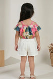 Girls Multicolor Floral Off-Shoulder Top with White Shorts Co-Ord Set