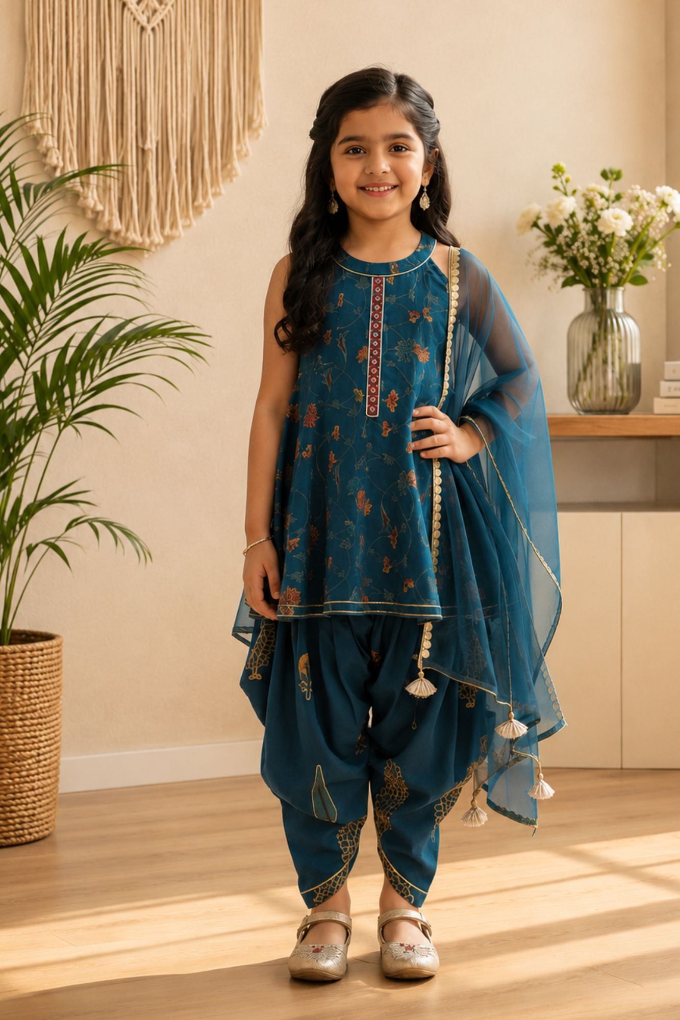 Girls Teal Blue Printed Kurti with Dhoti Pants Set