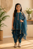 Girls Teal Blue Printed Kurti with Dhoti Pants Set