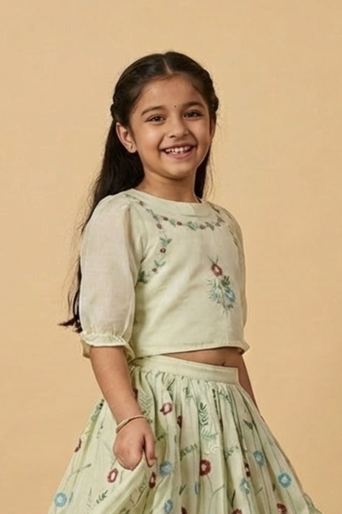 Pista Green Floral Embroidered Lehenga Choli Set For Girls