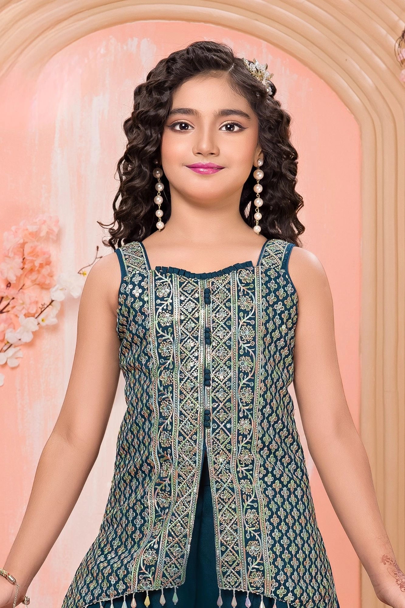 Teal Blue Embroidered Palazzo Set for Girls