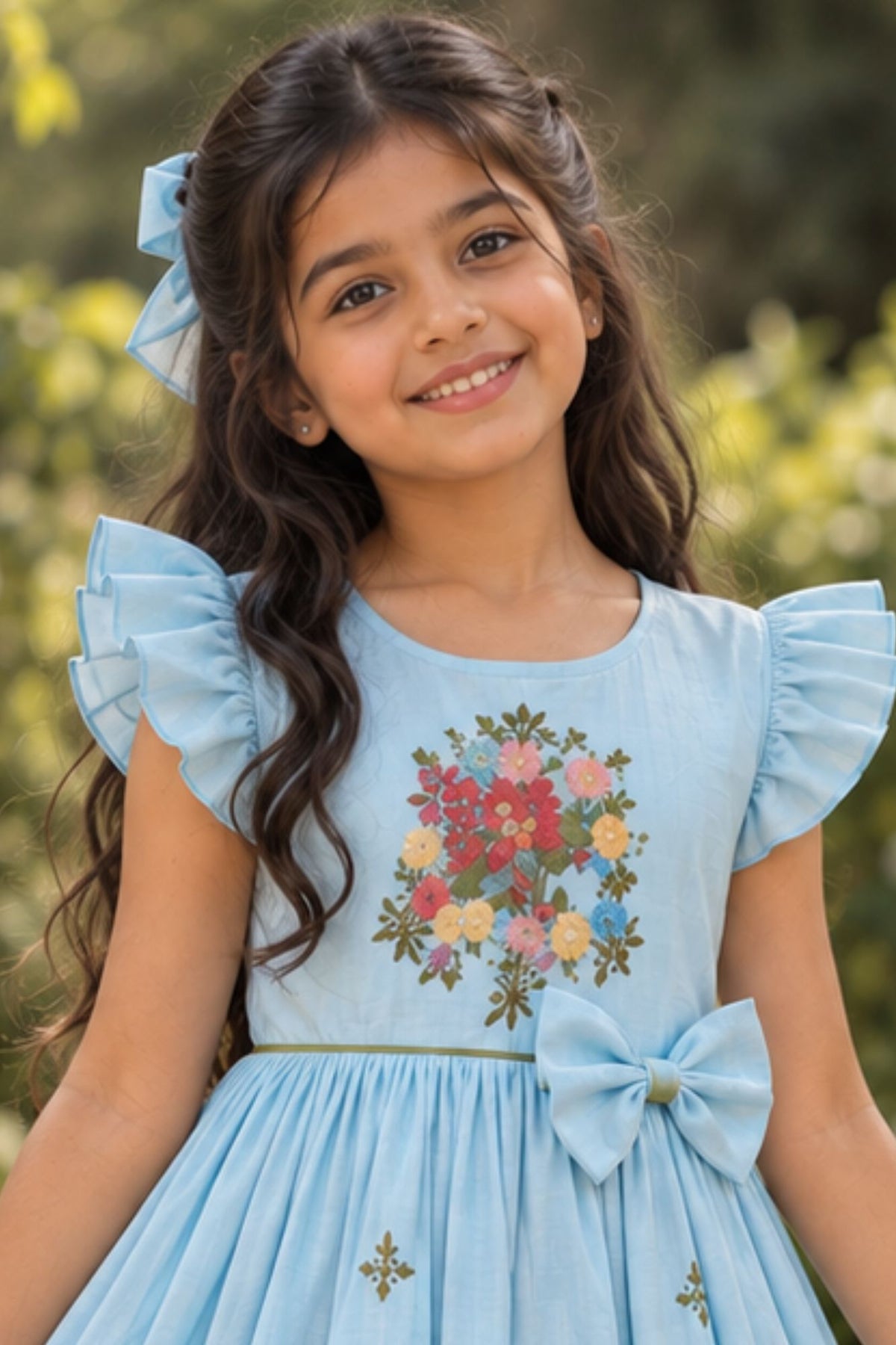 Girls Sky Blue Floral Embroidered Ruffle Sleeve Flared Dress