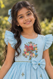 Girls Sky Blue Floral Embroidered Ruffle Sleeve Flared Dress