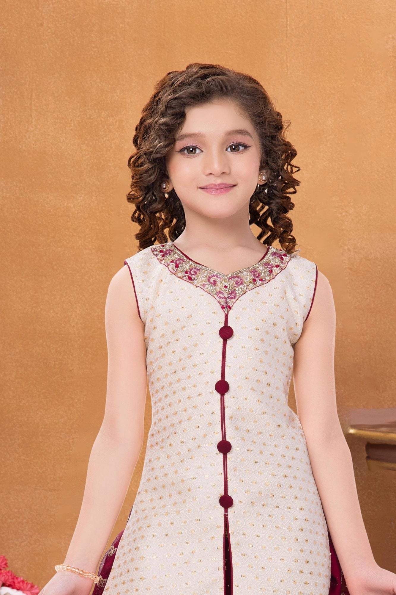 Cream and Maroon Embroidered Patiala Set with Dupatta For Girls