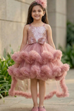 Dusty Pink High-Low Party Wear Frock With Floral Embellishment For Girls