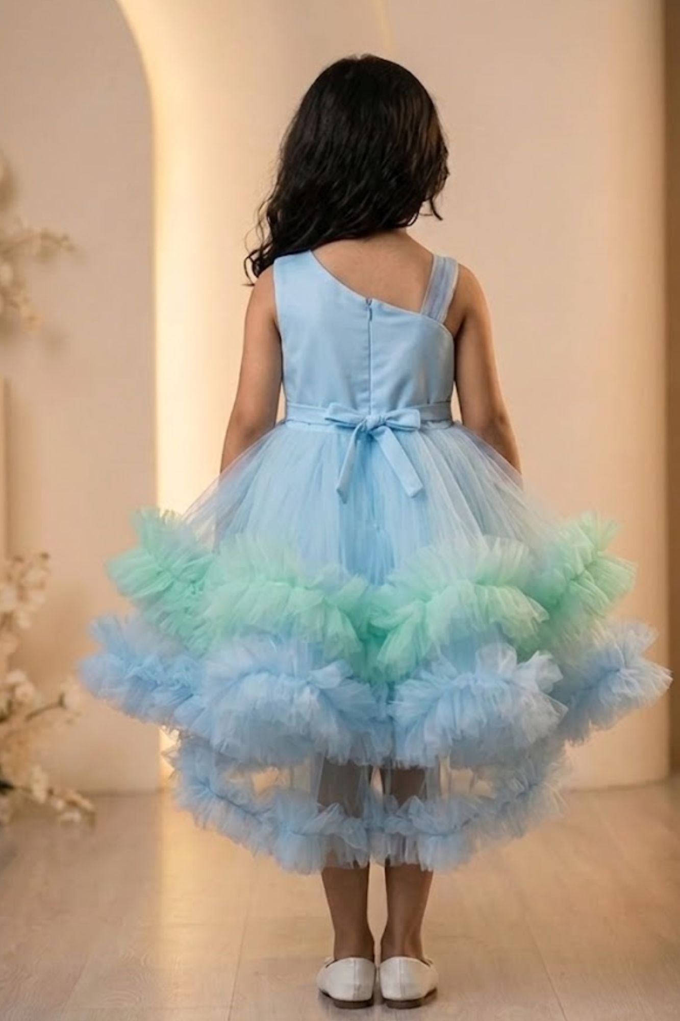 Blue Sequin Bodice Party Frock with Layered Ruffle Hem For Girls