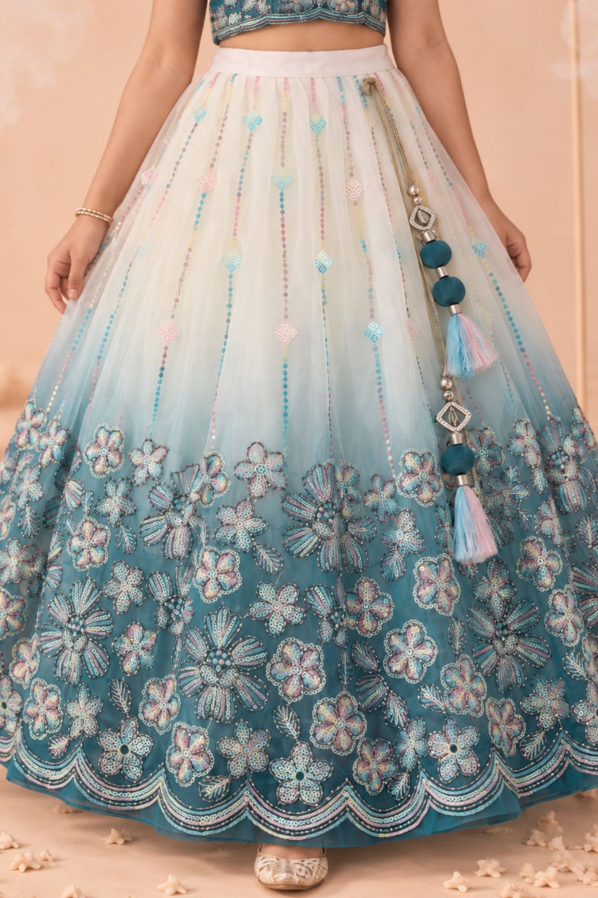 Girls Teal & Ivory Ombre Floral Embroidered Lehenga Choli Set