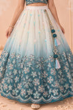 Girls Teal & Ivory Ombre Floral Embroidered Lehenga Choli Set