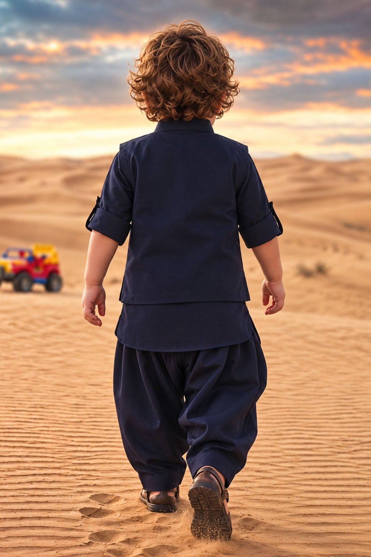 Boys Navy Blue With Silver Embellished Jacket Kurta Set With Nehru Jacket
