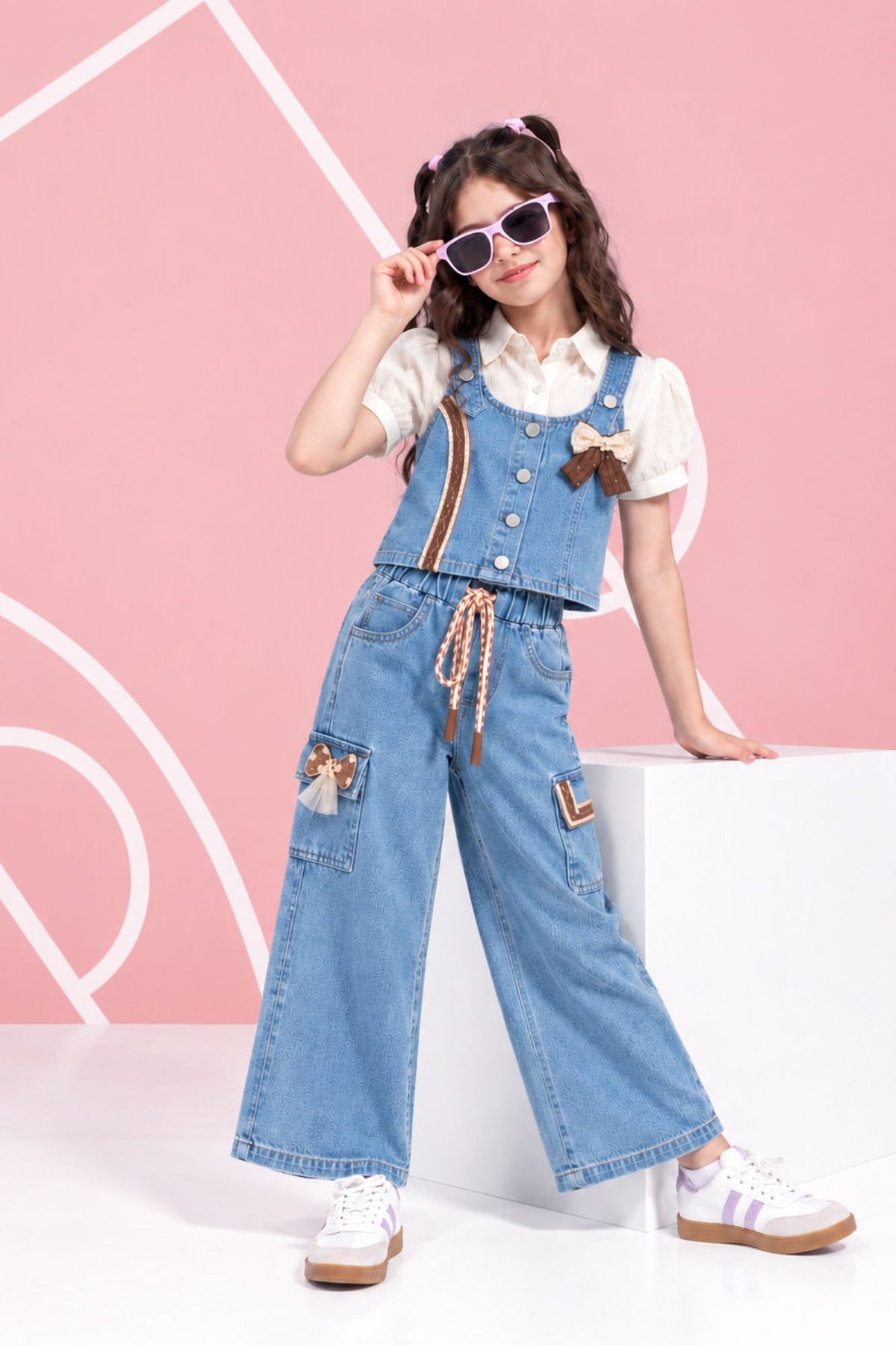Girls Light Blue Denim 3 Piece Co-Ord Set With Decorative Bow
