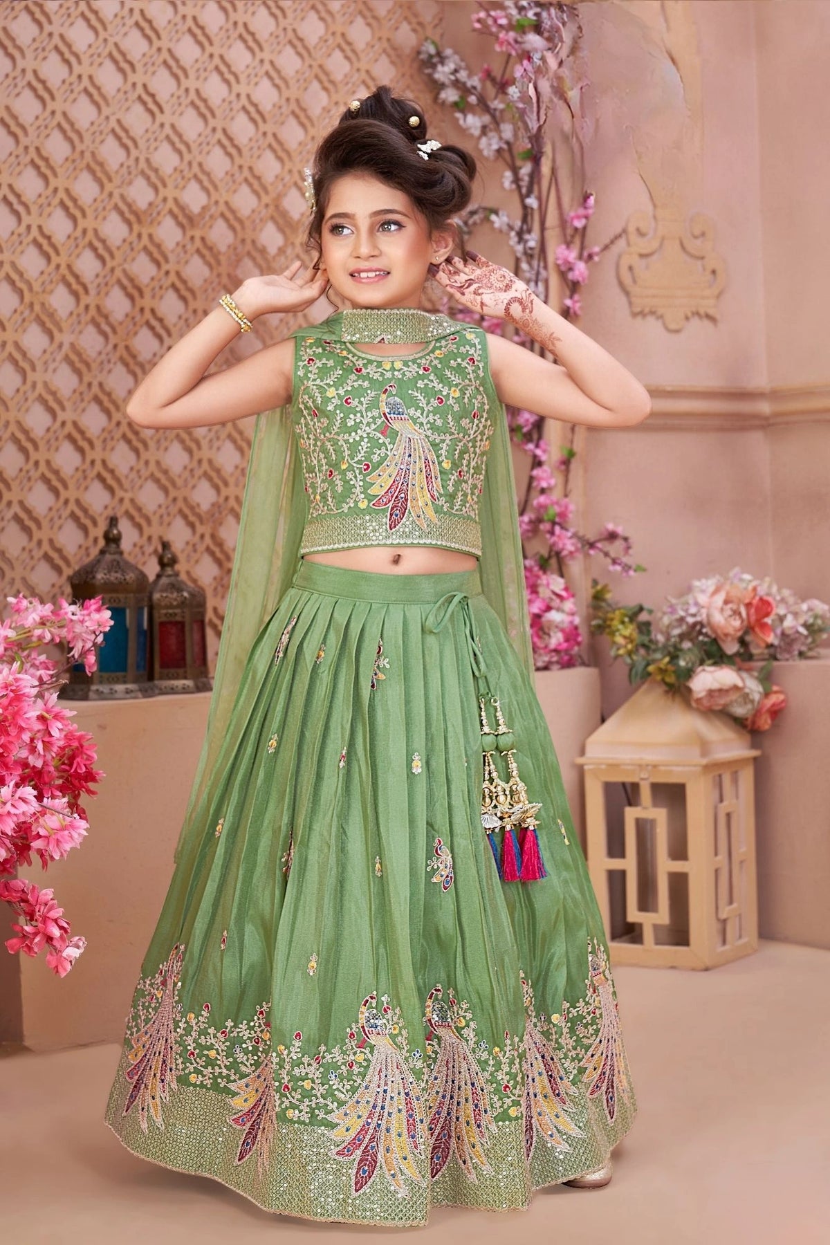 Pista Green Peacock Embroidered Lehenga Choli with Dupatta For Girls