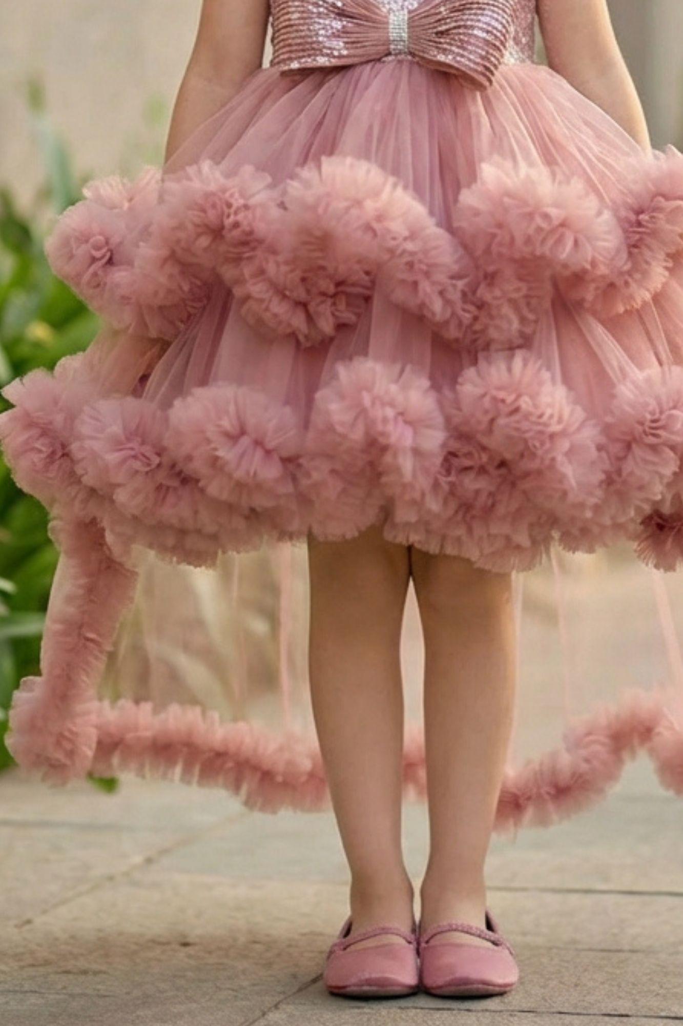 Dusty Pink High-Low Party Wear Frock With Floral Embellishment For Girls