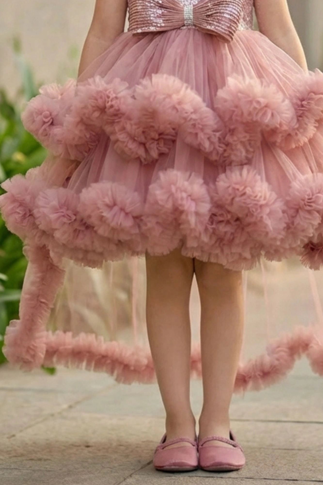 Dusty Pink High-Low Party Wear Frock With Floral Embellishment For Girls