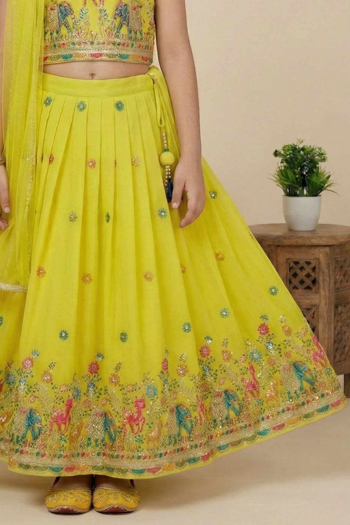 Yellow Multi-Color Embroidered Lehenga Choli Set for Girls