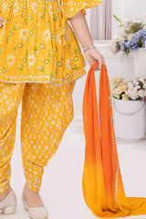 Yellow Printed And Embroidered Top With Dhoti Bottom Set For Girls