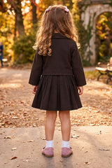 Girls Brown Stylish Bow-Detail Top and Pleated Skirt Set