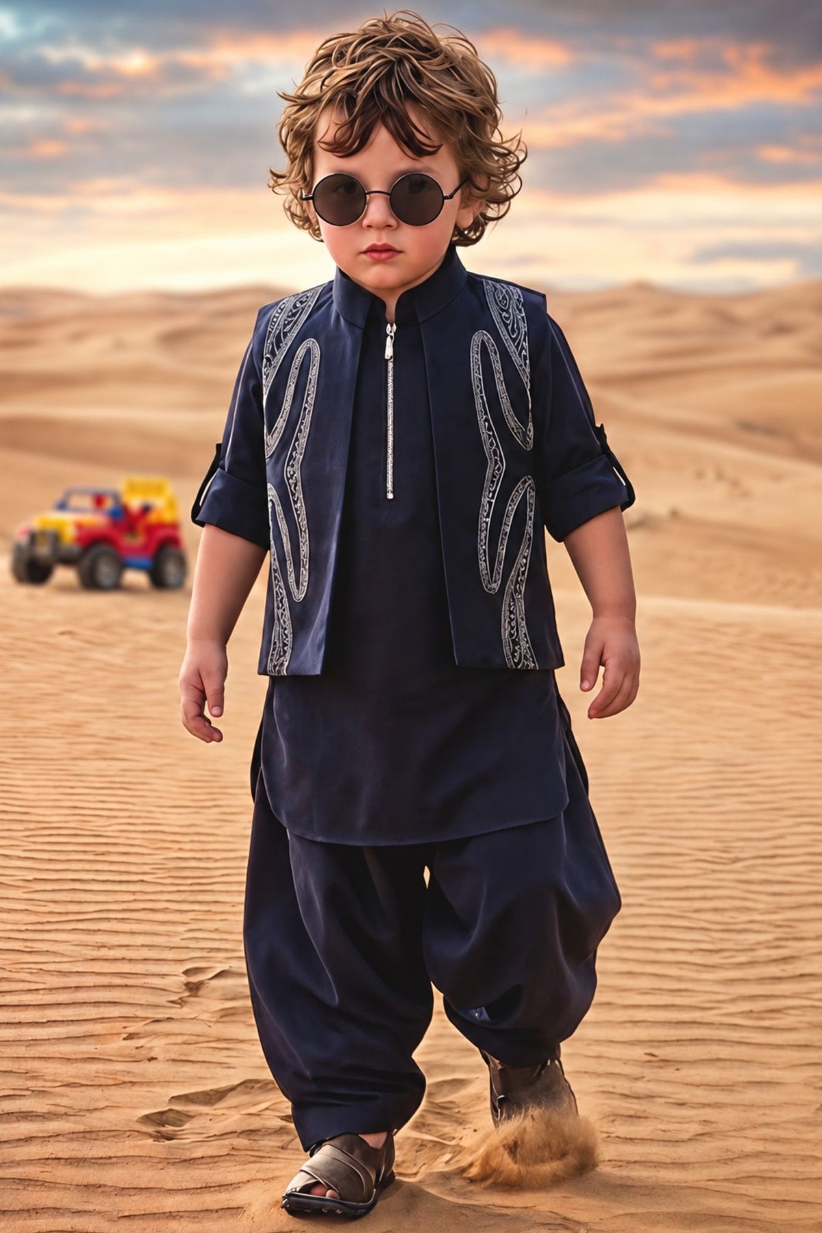 Boys Navy Blue With Silver Embellished Jacket Kurta Set With Nehru Jacket
