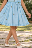 Girls Sky Blue Floral Embroidered Ruffle Sleeve Flared Dress