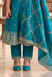 Girls Blue Embroidered Sleeveless Kurta Set With Dupatta