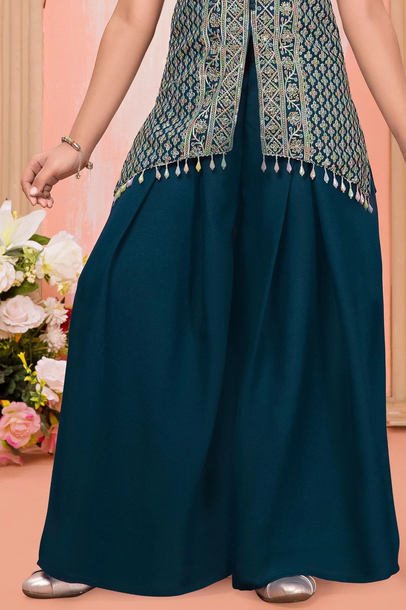 Teal Blue Embroidered Palazzo Set for Girls