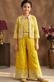 Sunshine Yellow Embroidered Jacket Palazzo Set For Girls